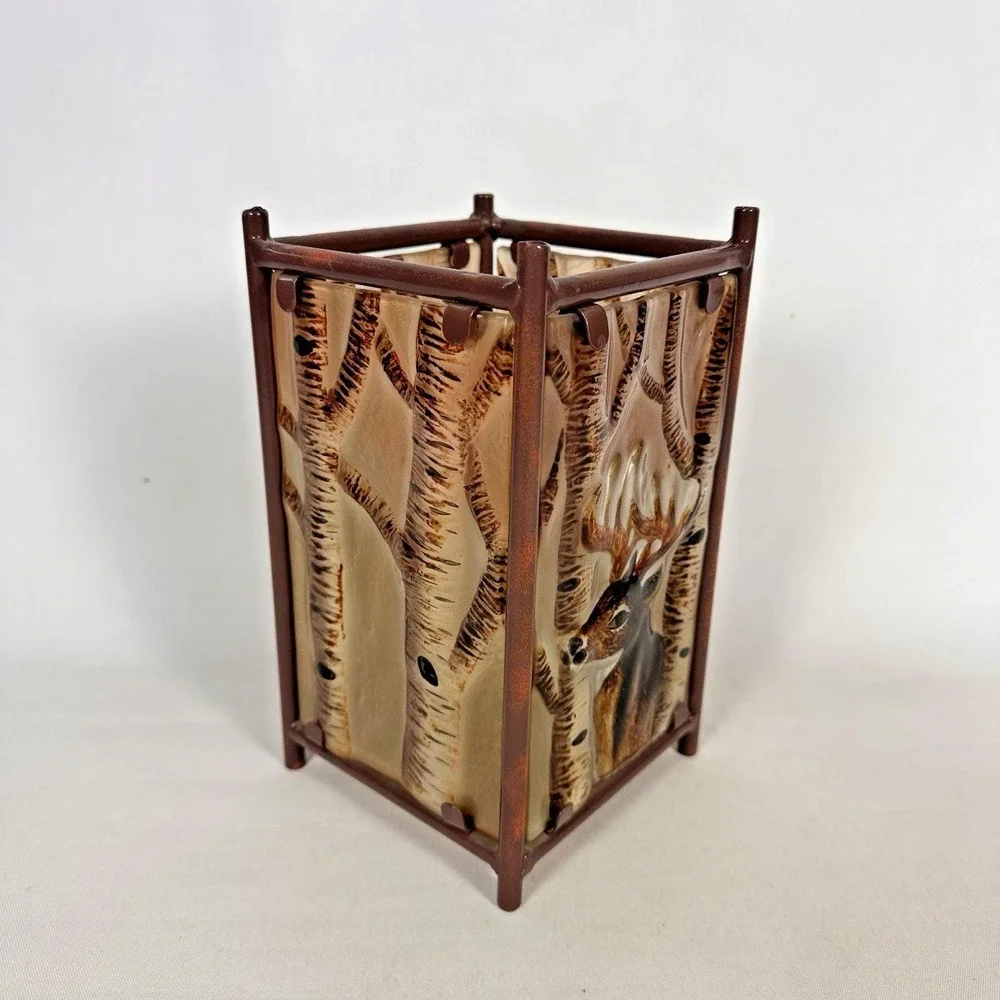 Vintage‎ Hand Painted 3D Glass Deer Votive Candle Holder Rustic Lodge Lantern